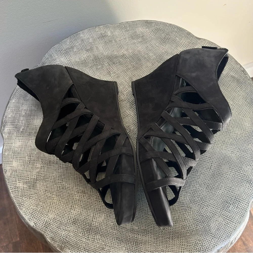 Eileen Fisher ~Black Cage Open Toe Italian Leather Nubuck Wedges Shoes size 9.5